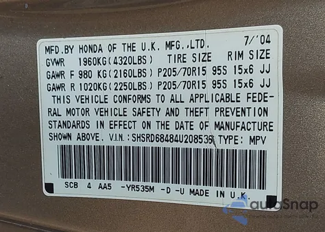 2004 Honda Cr-V Lx из США, поврежденный, VIN SHSRD68484U208536